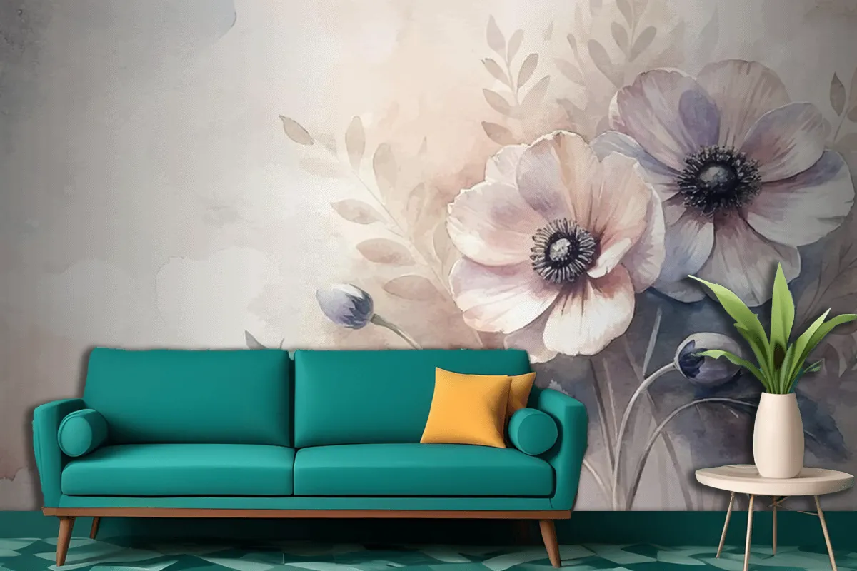 Vintage Anemones Flower Watercolor Background Living Room Wallpaper Mural