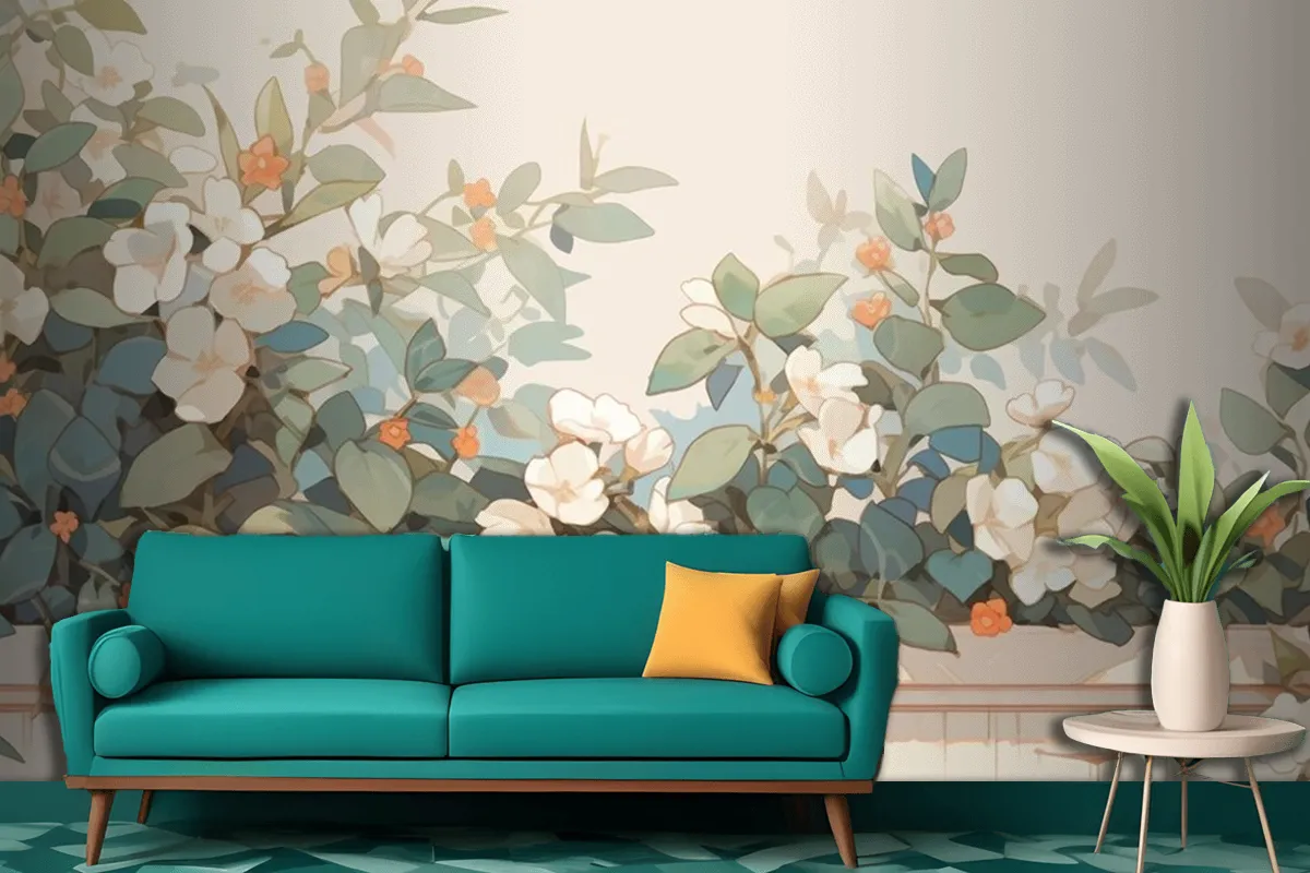 Watercolor Vintage Hoya Theme Complementary Colors Living Room Wallpaper Mural