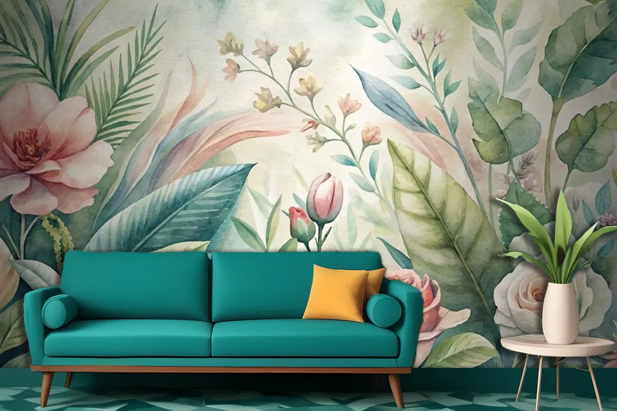 Watercolor Backgrounds Of Various Botanicals And Flowers Living Room Wallpaper Mural