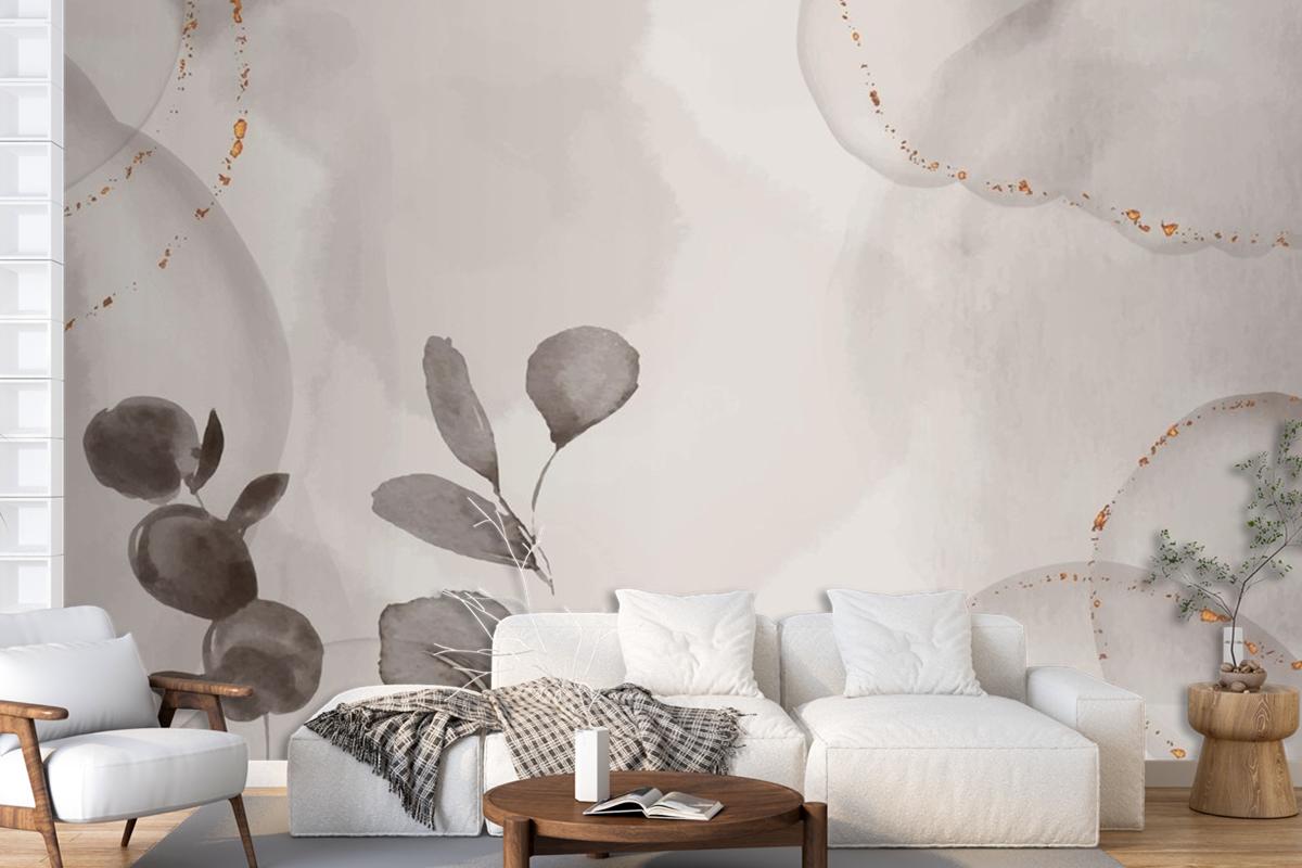 Watercolor Hand Drawn Background With Leaves Living Room Wallpaper Mural