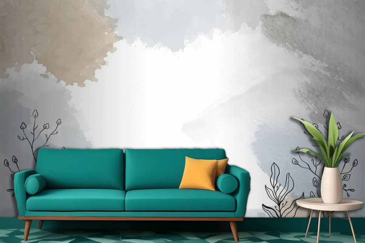 Watercolor Hand Drawn Background With Plants Living Room Wallpaper Mural