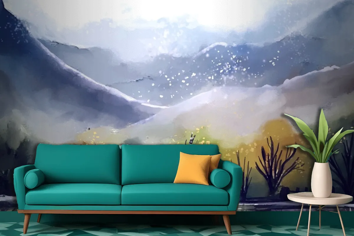 Watercolor Mountain Landscape Living Room Wallpaper Mural