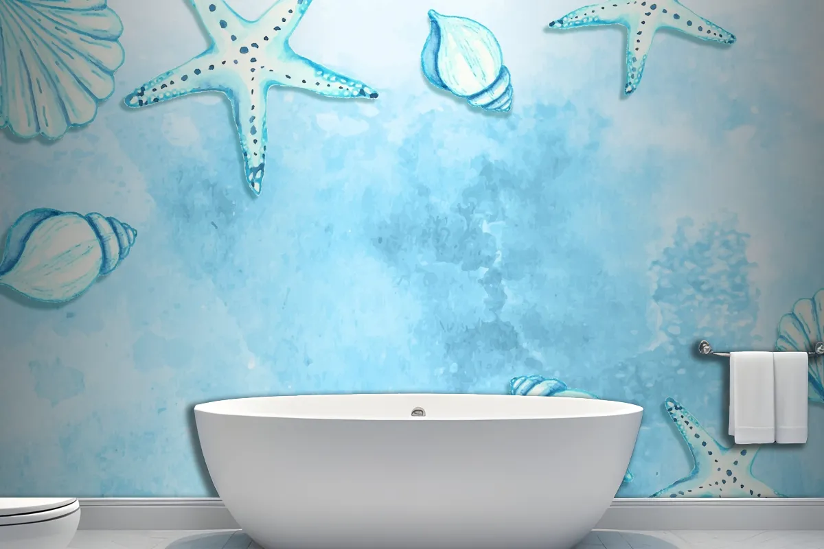 Watercolor Summer Background With Starfish And Shells Wallpaper Mural