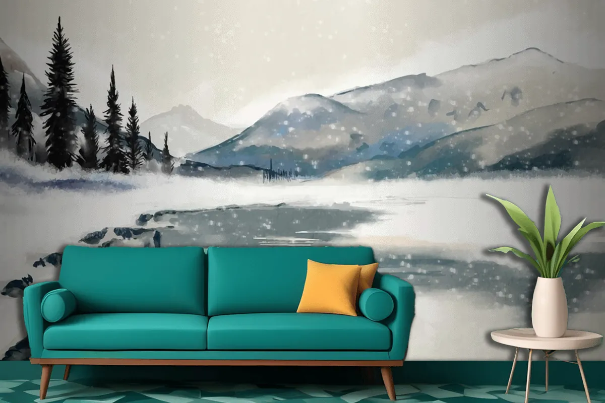 Watercolor Winter Landscape Living Room Wallpaper Mural