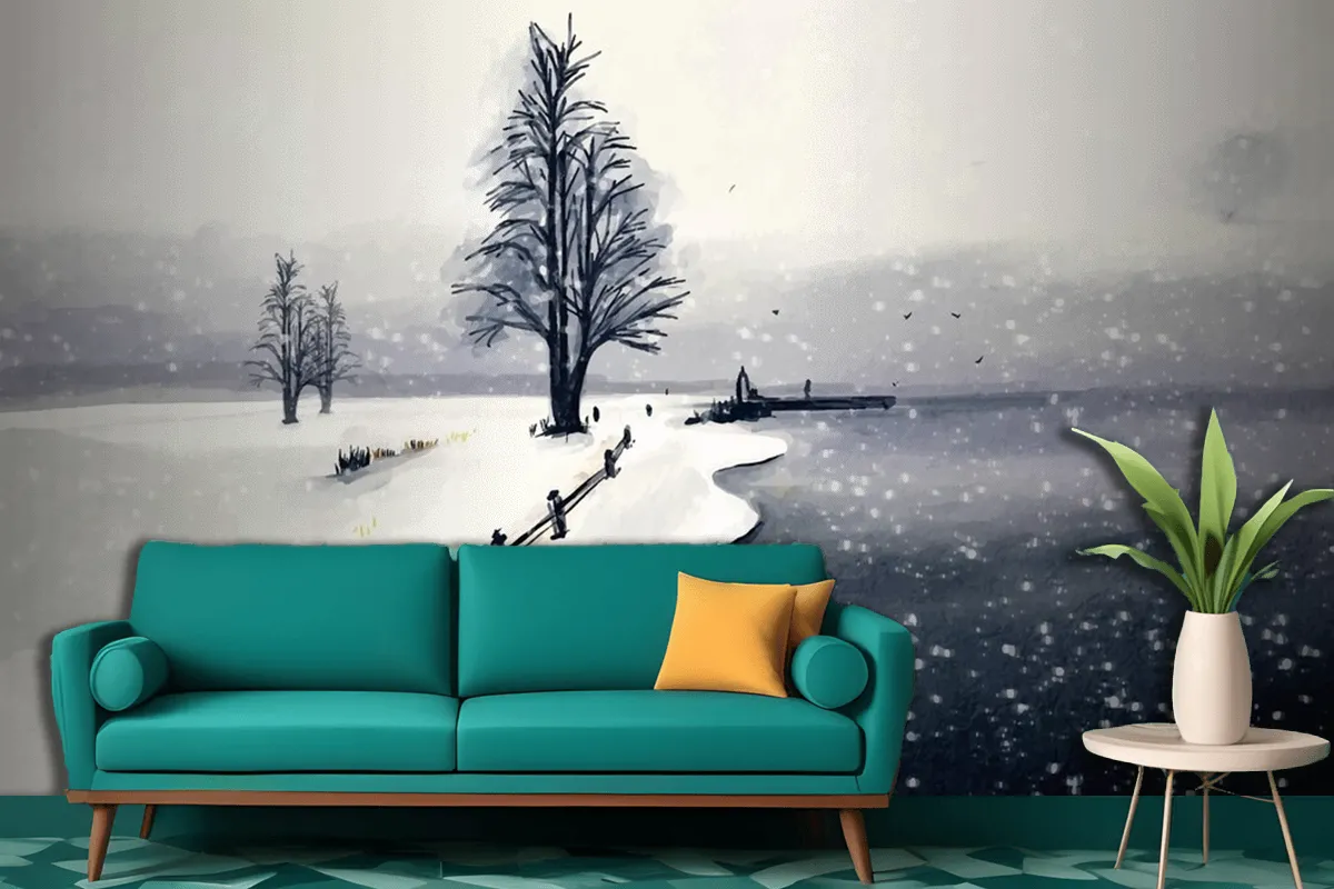 Watercolor Winter Landscape Wallpaper Mural