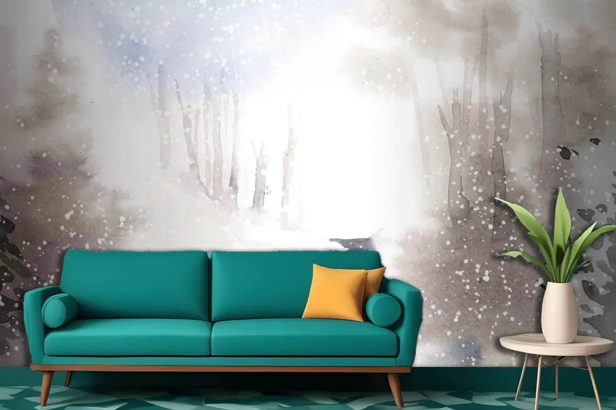 Winter Wonderland Landscape Painted By Watercolor Living Room Wallpaper Mural