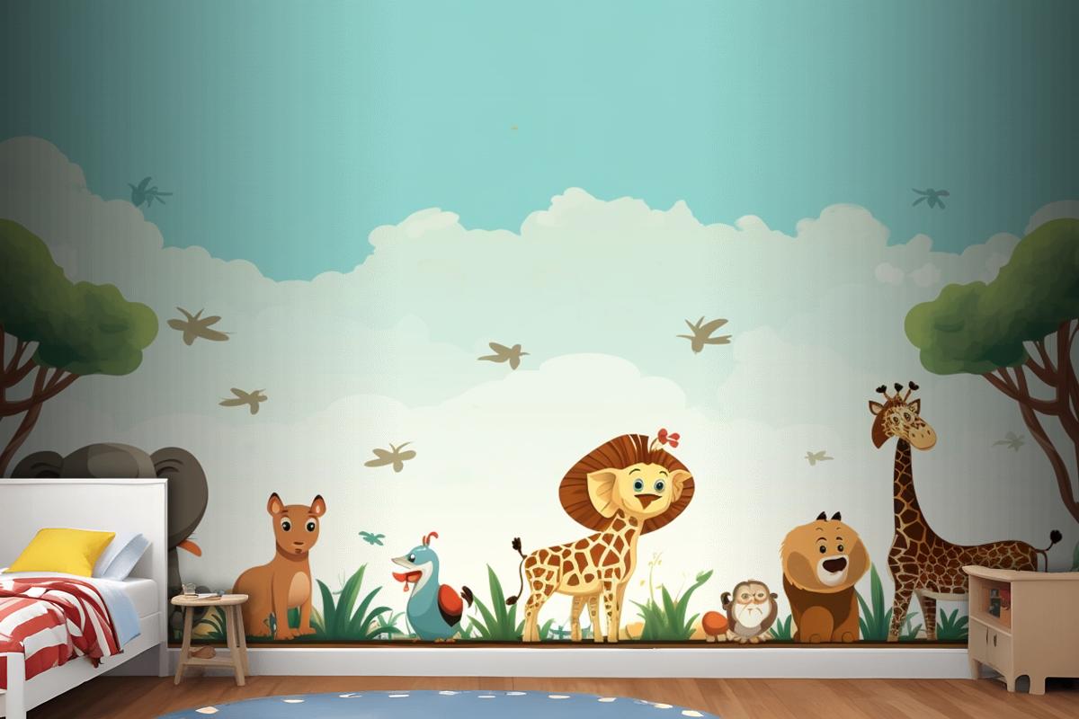 A Cartoon Of Giraffes And Giraffes In A Field With Animals Wallpaper Mural