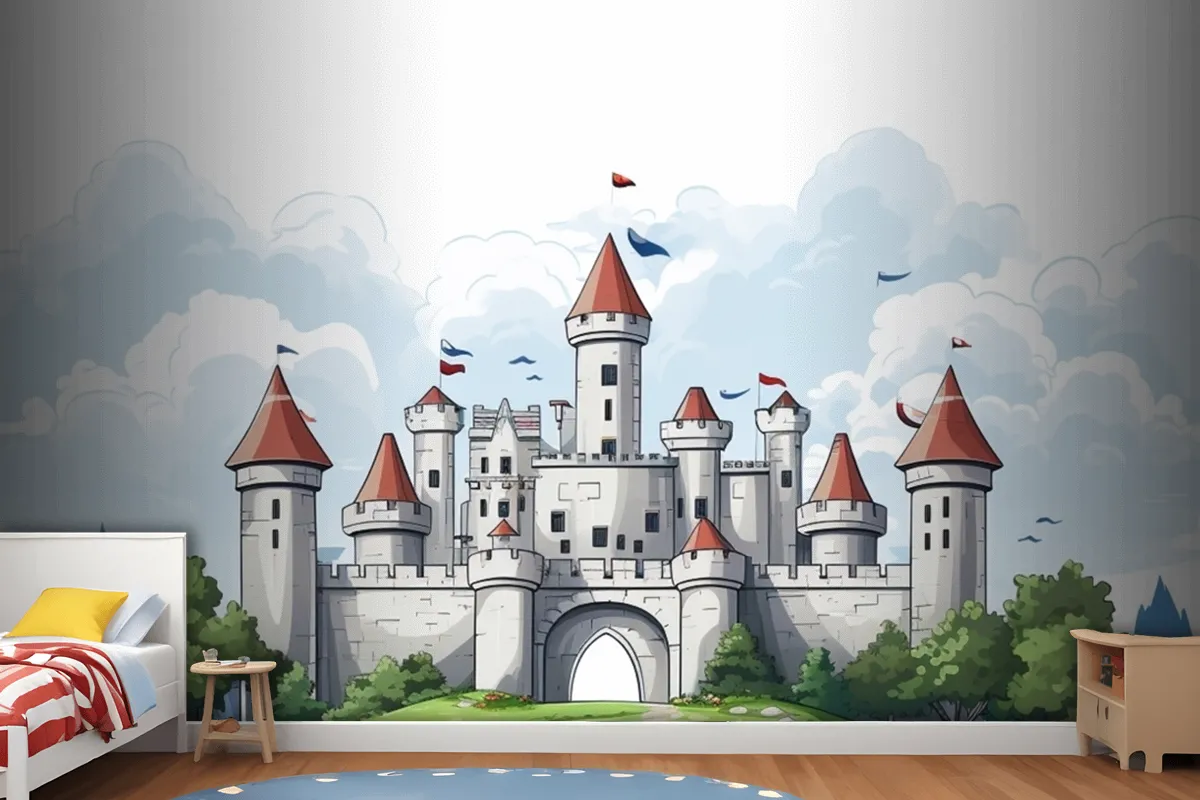 A Castle With A Flag On The Top Of It Wallpaper Mural