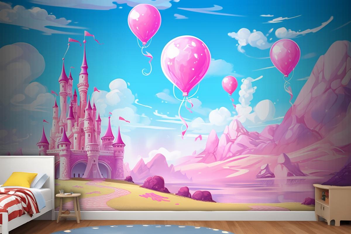 A Castle With Balloons And A Castle In The Background Wallpaper Mural