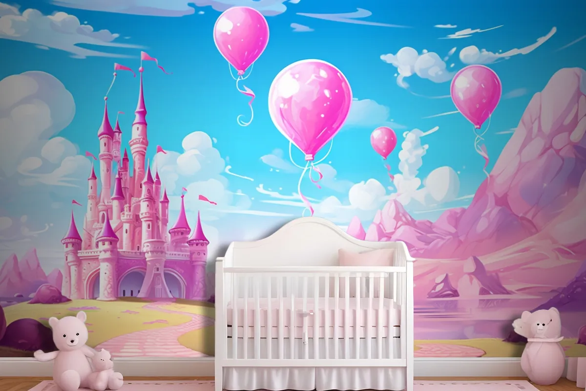 A Castle With Balloons And A Castle In The Background Wallpaper Mural