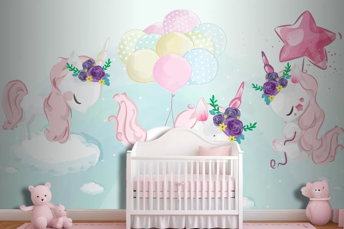 A Cute Little Unicorn In Colorful Watercolor Style Wallpaper Mural