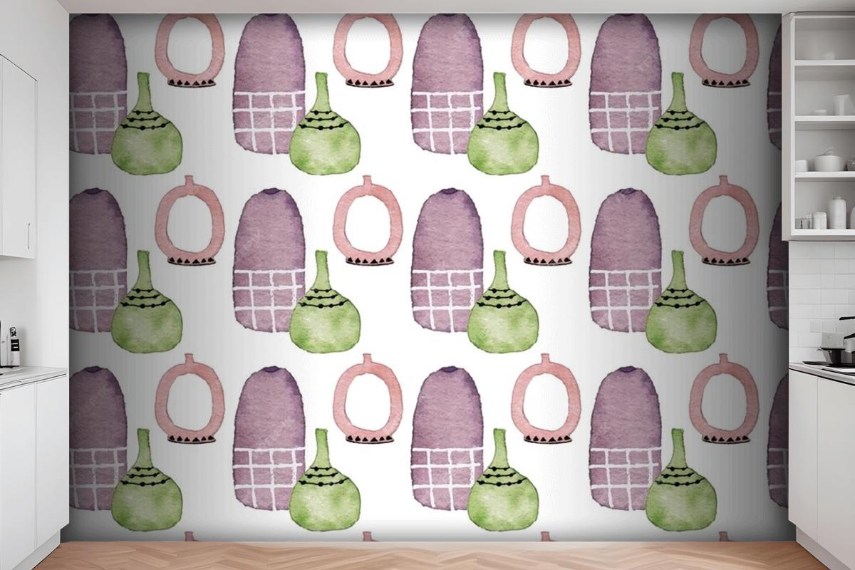 A Cute Modern Ceramic Flower Vase Watercolor Seamless Pattern Wallpaper Mural