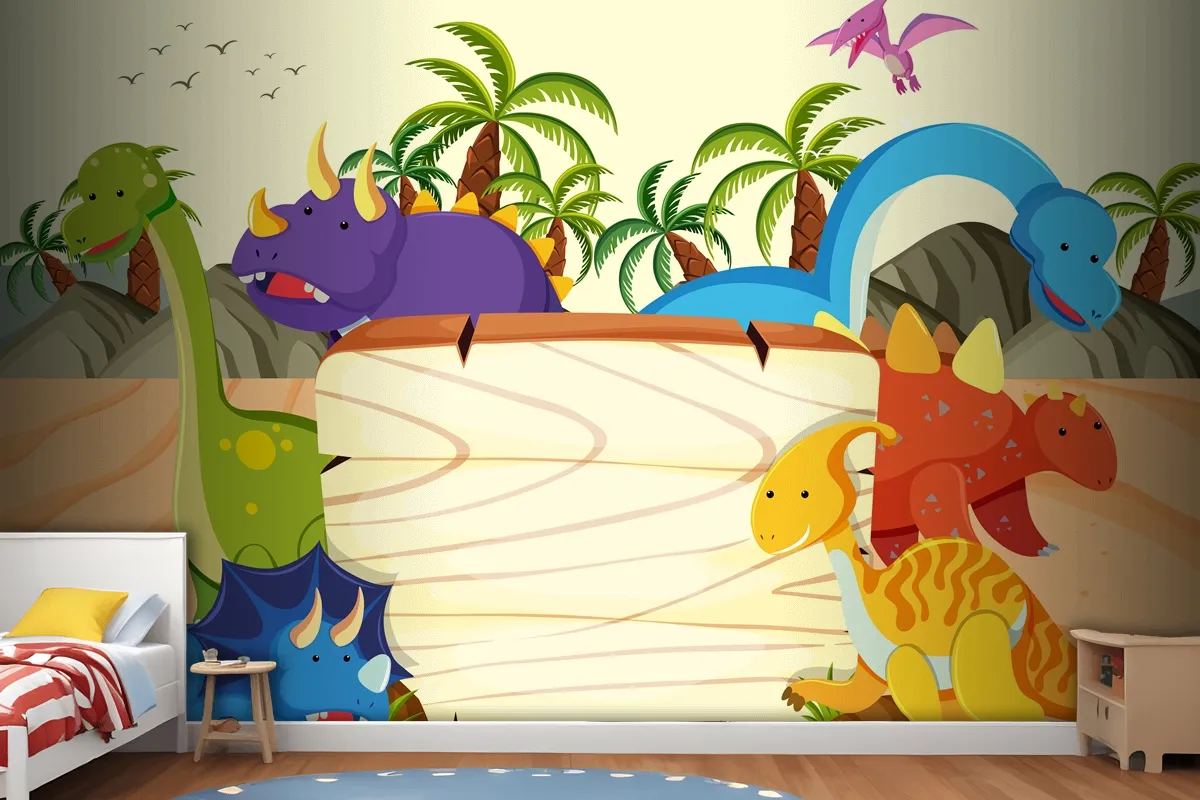 A Dinosaur Wooden Board Template Wallpaper Mural