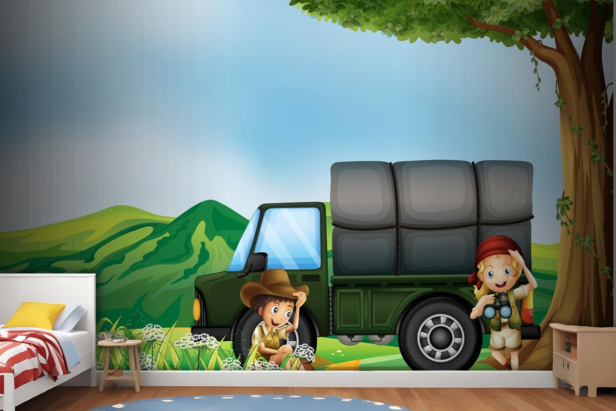 A Girl And A Boy Beside The Green Truck Wallpaper Mural