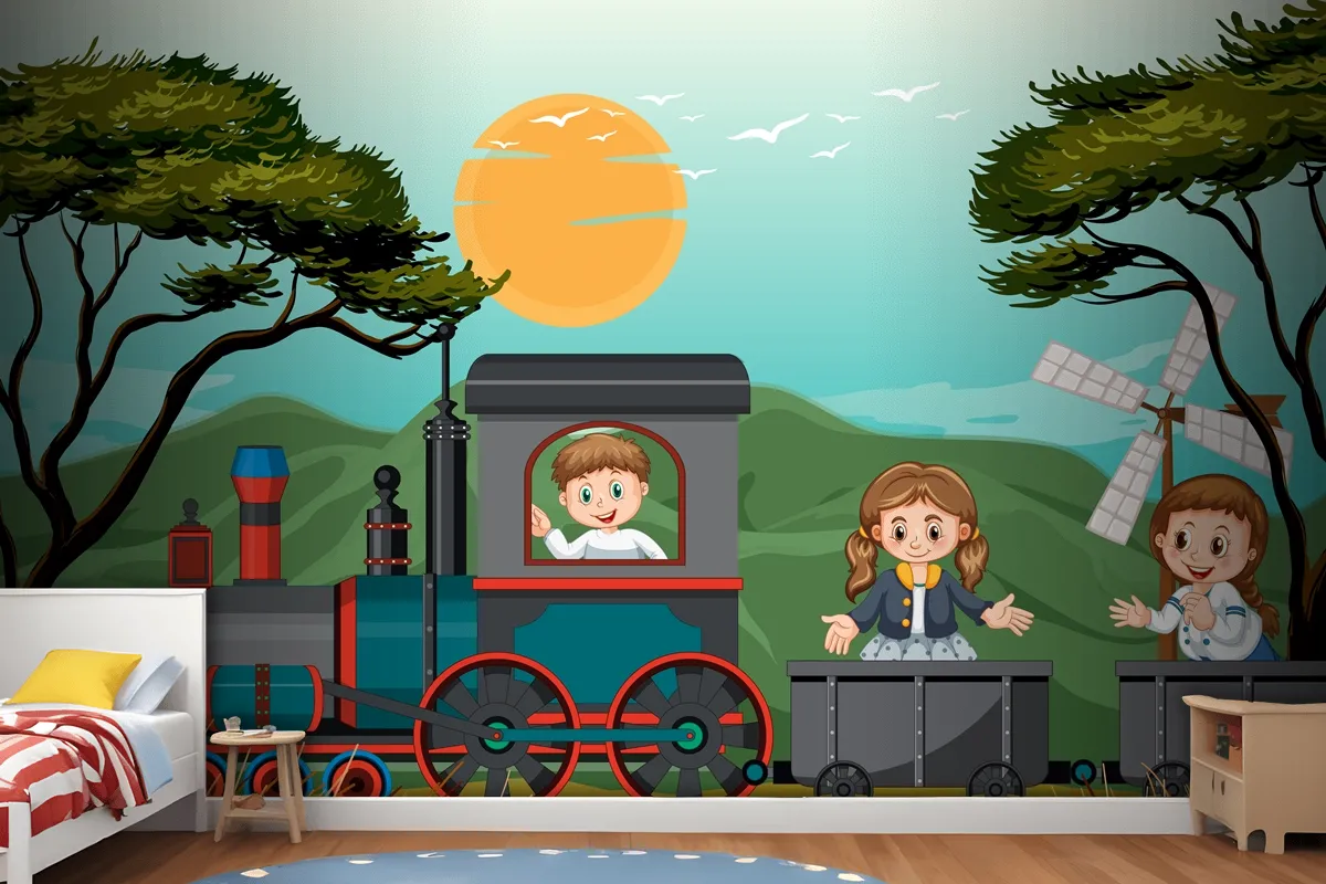 A Kids In A Train With Natural Scene Kids Wallpaper Mural