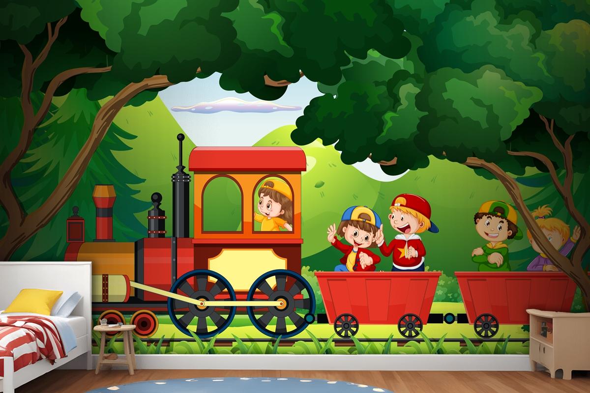 A Kids In A Train With Natural Scene Wallpaper Mural