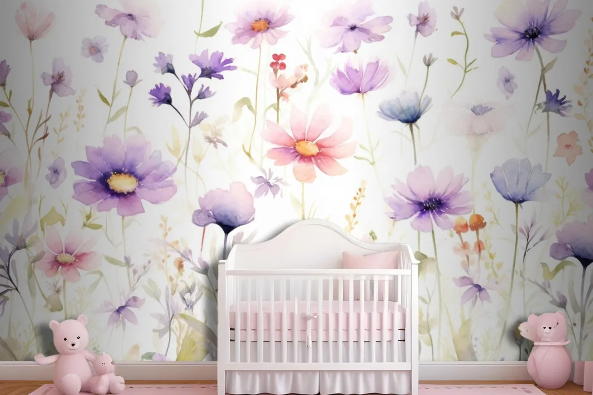 A Painting Of A Bunch Of Flowers On A White Background Wallpaper Mural