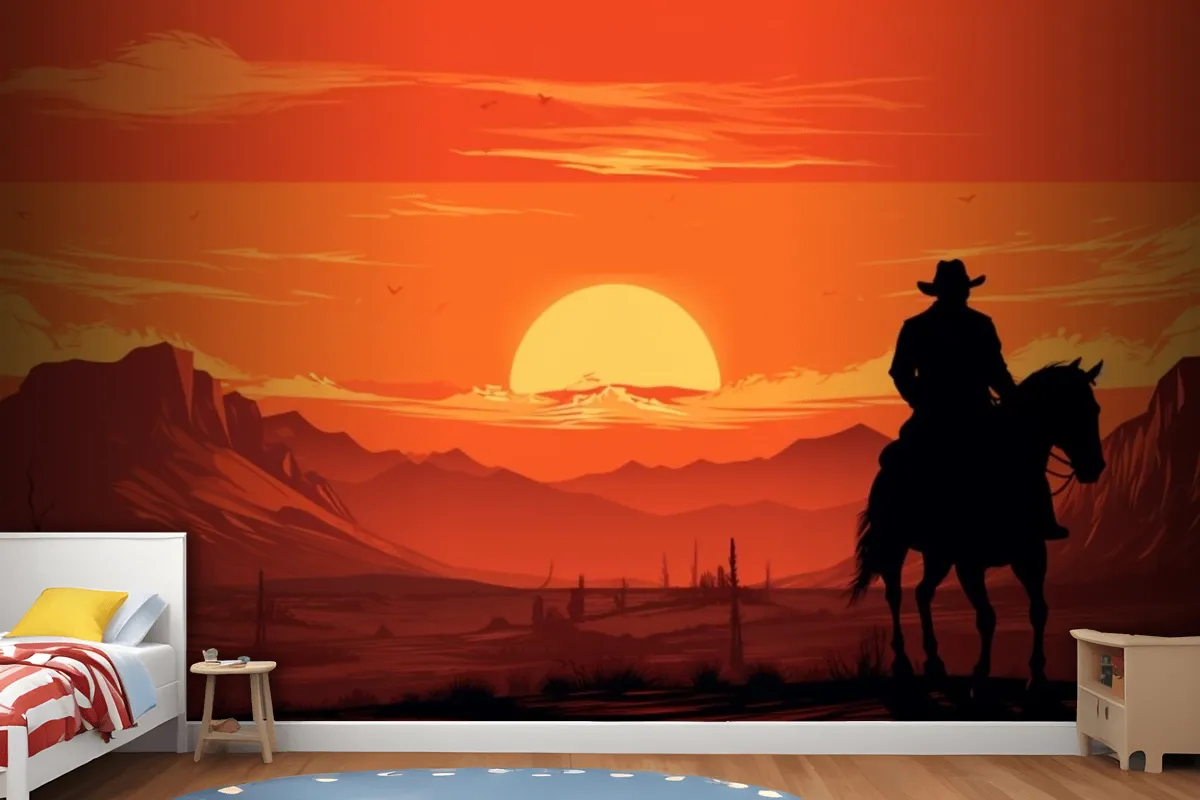 A Painting Of A Cowboy Riding A Horse In Front Of A Sunset Wallpaper Mural