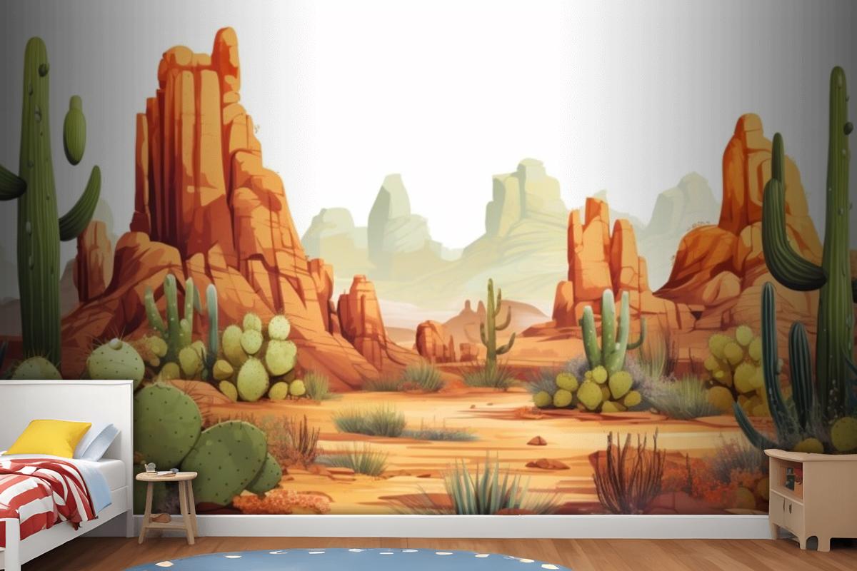 A Painting Of A Desert Landscape With Cactus And Desert Landscape Wallpaper Mural