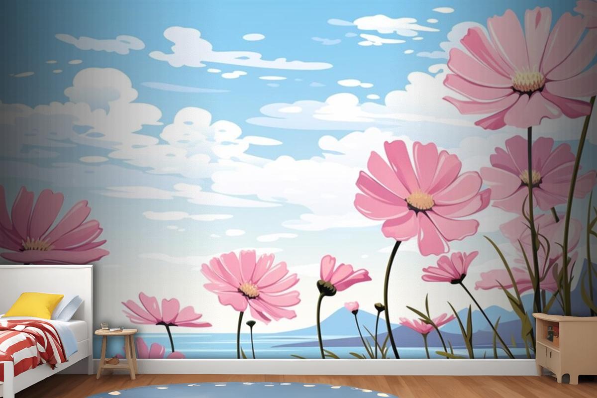 A Painting Of Pink Flowers In The Sky With The Words Daisies Wallpaper Mural