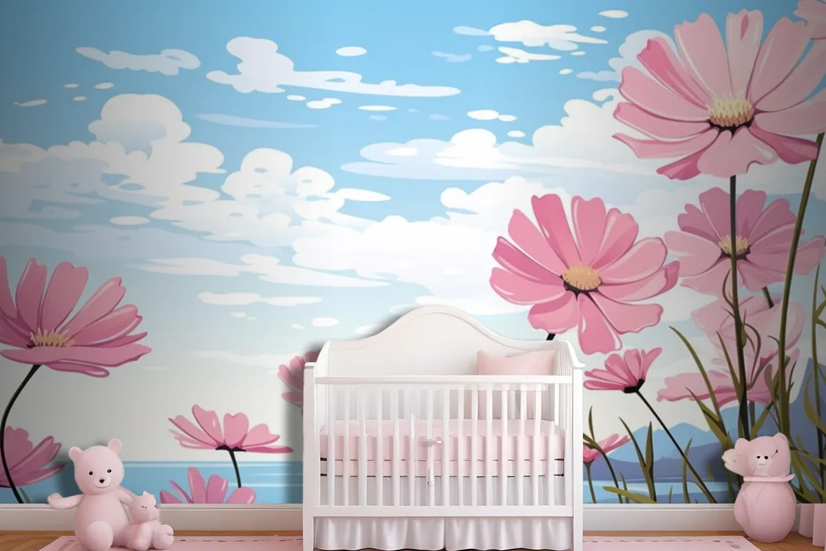 A Painting Of Pink Flowers In The Sky With The Words Daisies Wallpaper Mural