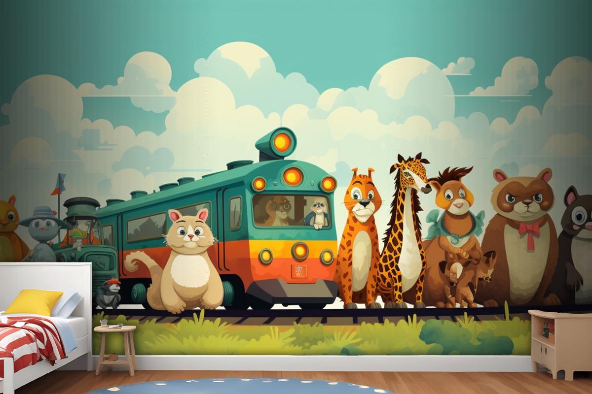 A Train With Animals On The Top And A Train With The Words Giraffes On The Front Wallpaper Mural