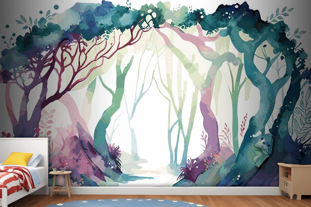 A Watercolor Painting Of A Forest With A Path Leading To It Wallpaper Mural