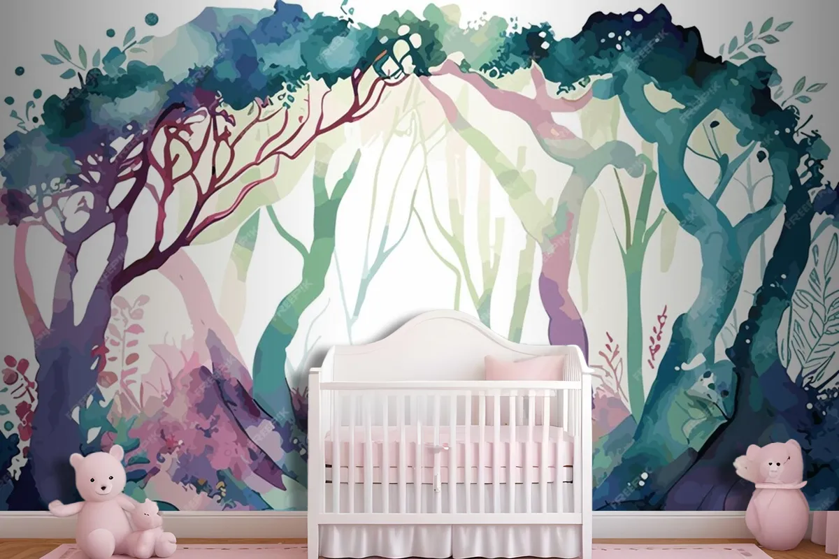 A Watercolor Painting Of A Forest With A Path Leading To It Wallpaper Mural