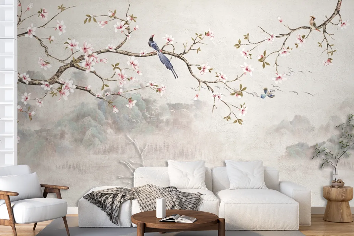 Chinoiserie With Cherry Blossom Flowers And Bird Wallpaper Mural