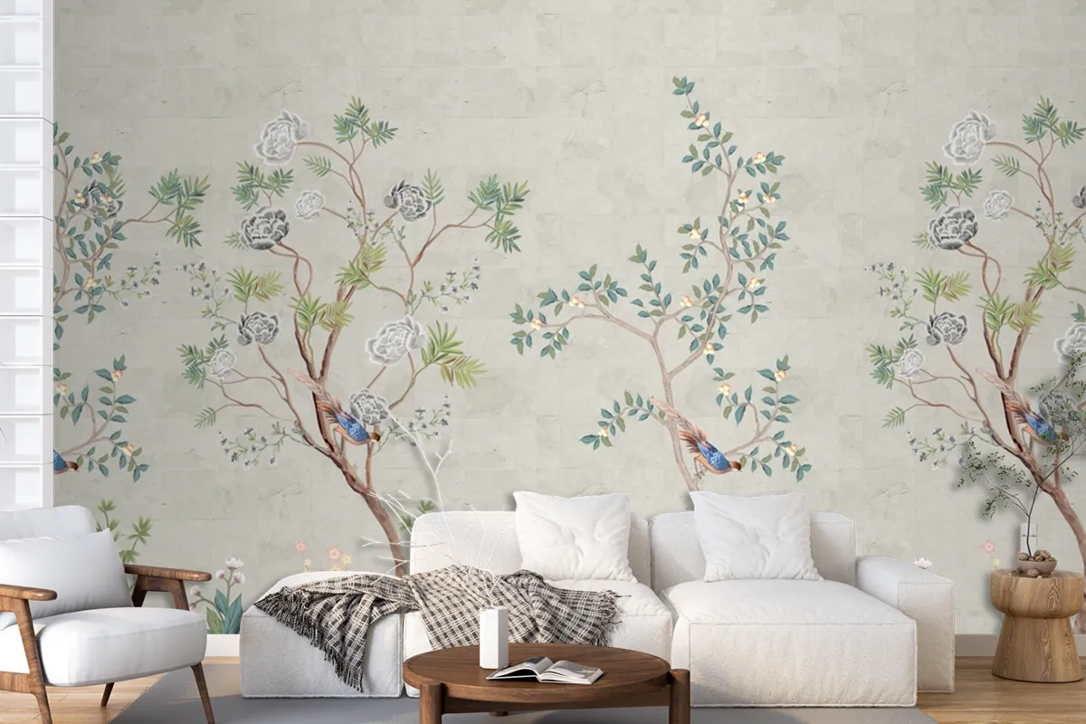 Spring Seamless Background Tree And Bird Chinoiserie Beautiful Wallpaper Mural