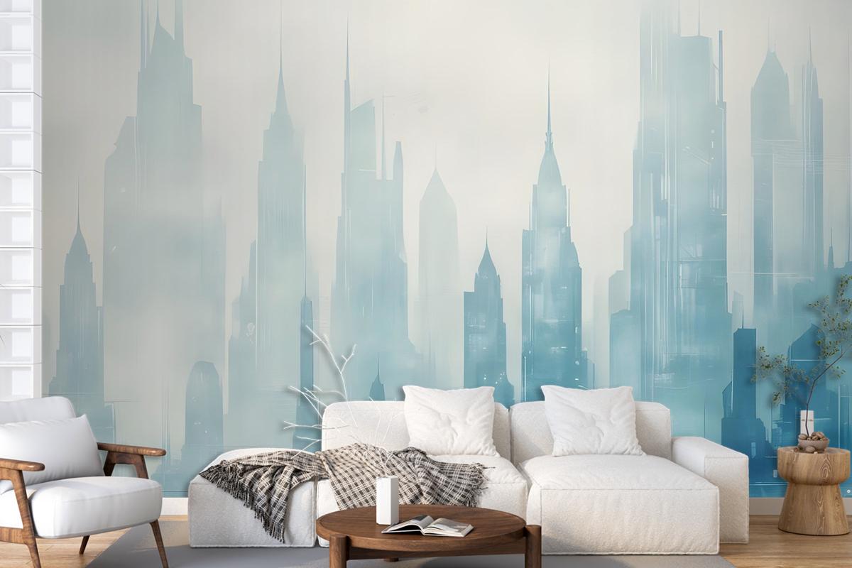 Abstract Blue Monochrome City Landscape Wallpaper Mural