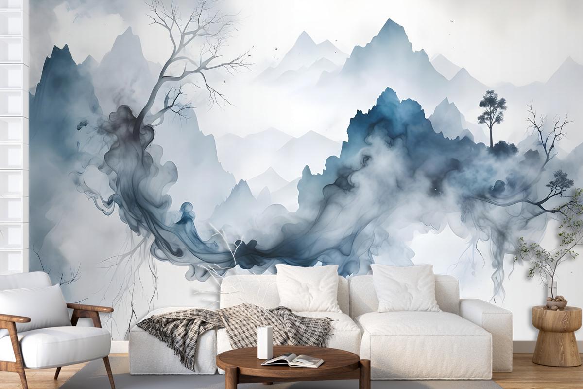 Abstract Colorful Smoke With Tree Wallpaper Mural