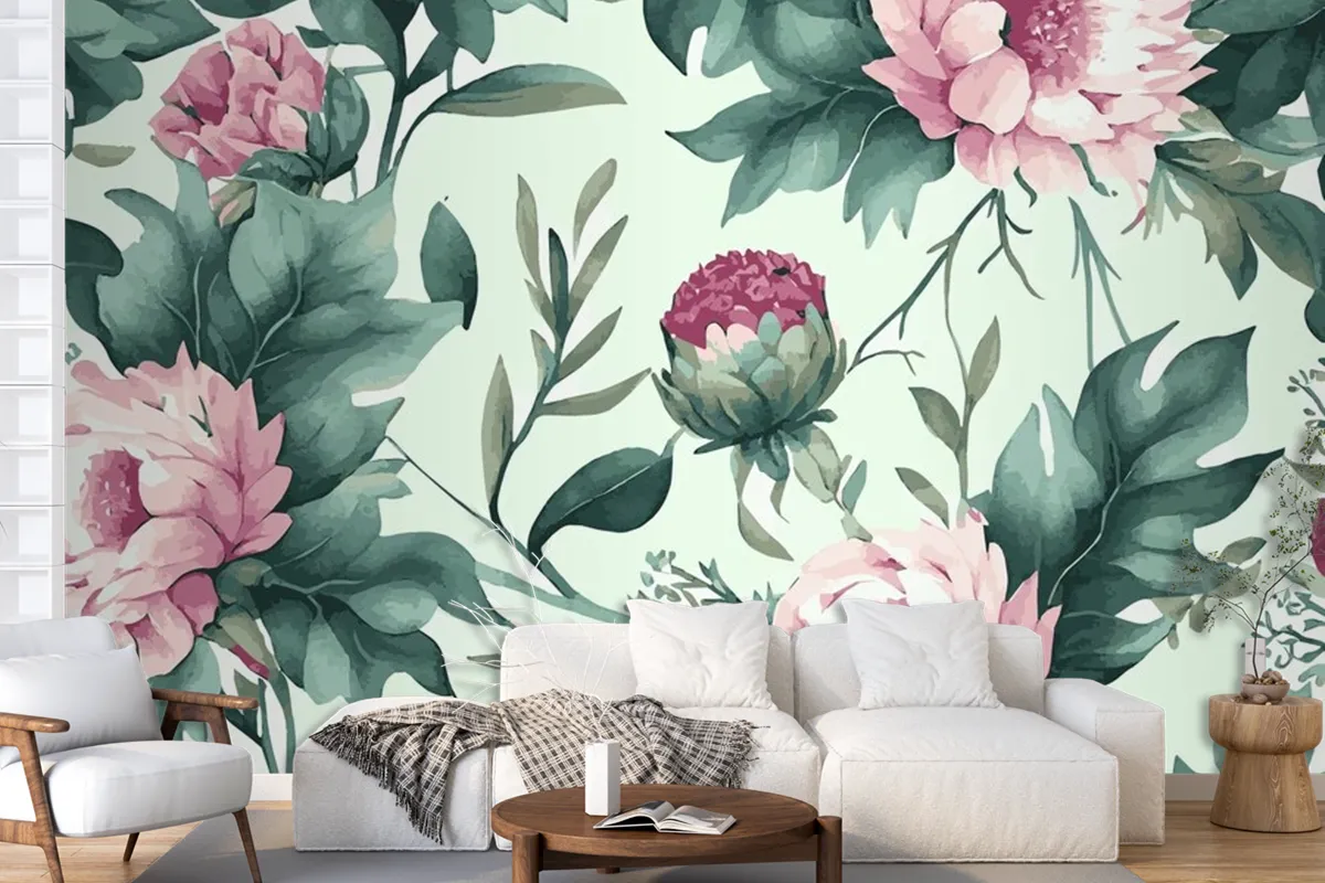 Abstract Floral Art  Botanical Watercolor Hand Drawn Flowers Wallpaper Mural