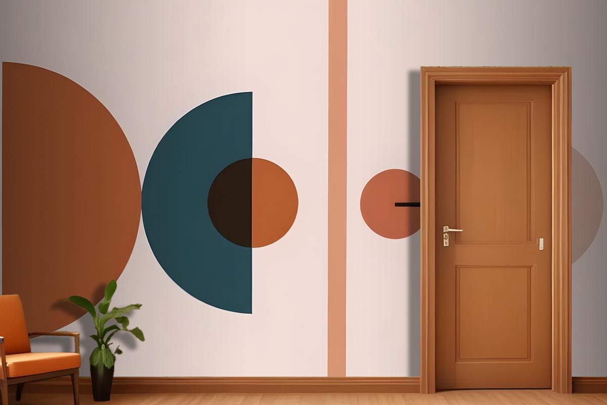 Abstract Geometric Shapes In Various Shades Of Blue Orange And Brown Against A Light Pink Wallpaper Mural