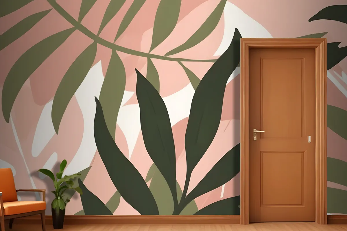 Abstract Tropical Leaves In Shades Of Green And Pink On A Light Wallpaper Mural