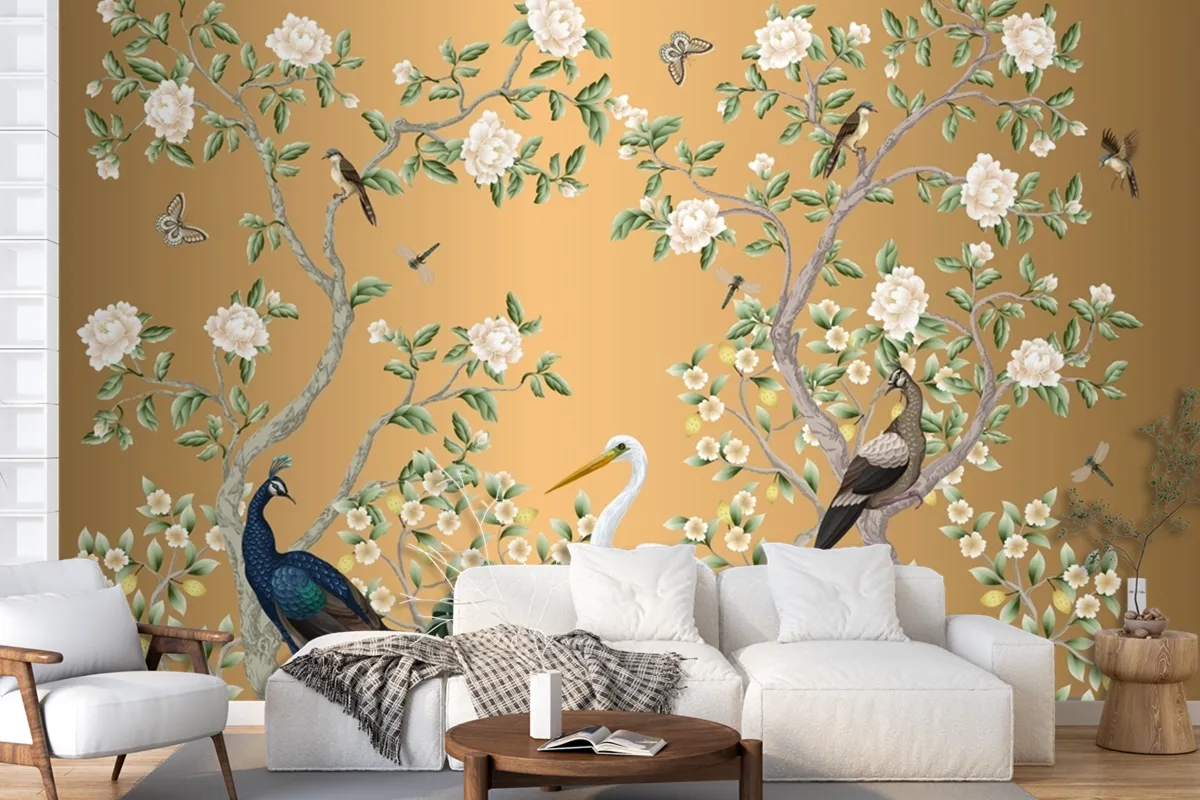 Chinoiserie Mural With Peacocks And Flowers Trees Wallpaper Mural