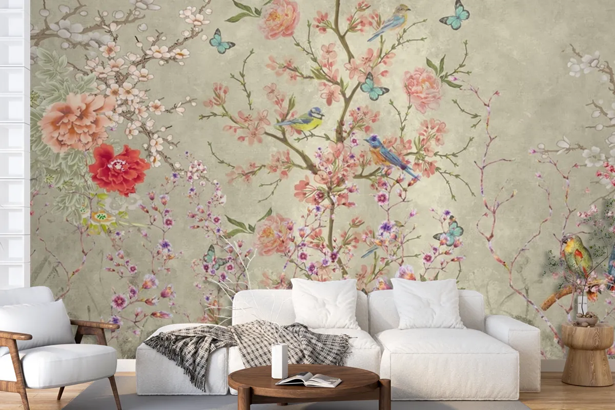 Whimsical Birds Blooms A Dance of Nature's Delicacy Wallpaper mural