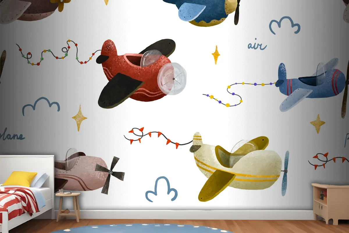 Aircraft And Clouds In Scandinavian Style Boy Wallpaper Mural