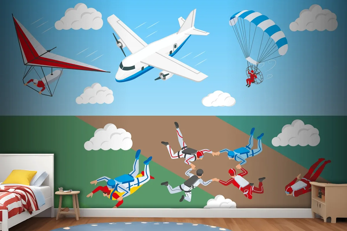 Airplane Hang Glider And Group Of People Skydiving In Sky Wallpaper Mural