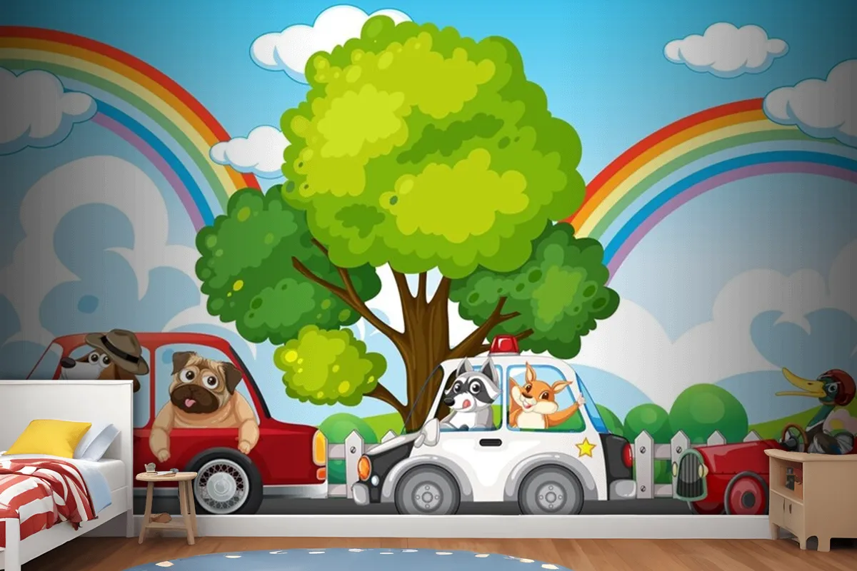 Animals Driving Different Cars Wallpaper Mural