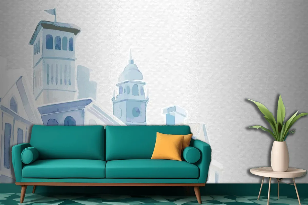 Architectural Mediterranean Buildings In Watercolor On White Paper Textured Living Room Wallpaper Mural