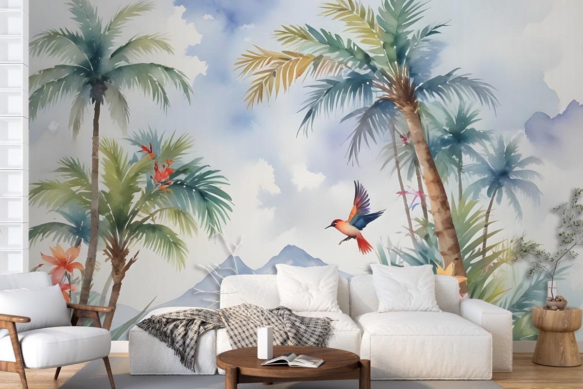 Art Painting Colorful Landscape With Birds Wallpaper Mural