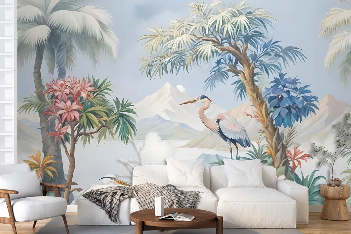 Art Painting Colorful Landscape With Heron Birds Wallpaper Mural