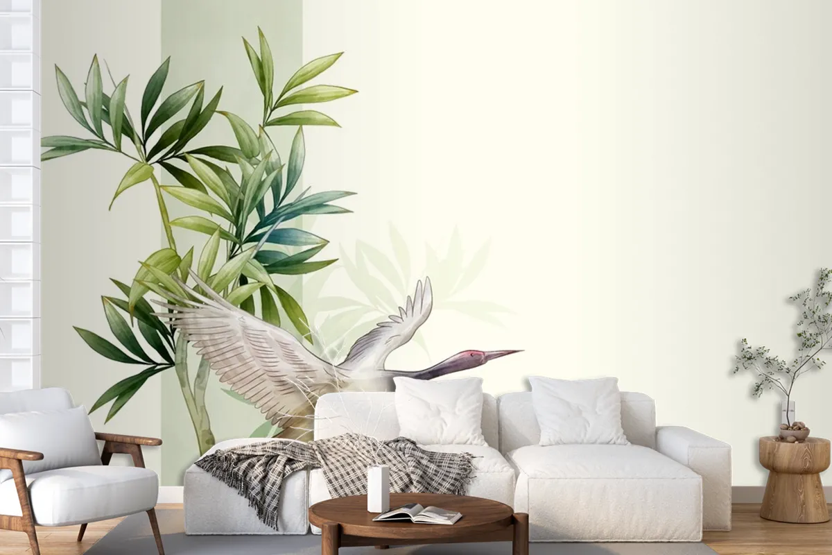 Asian Flower Watercolor With Birds Wallpaper Mural