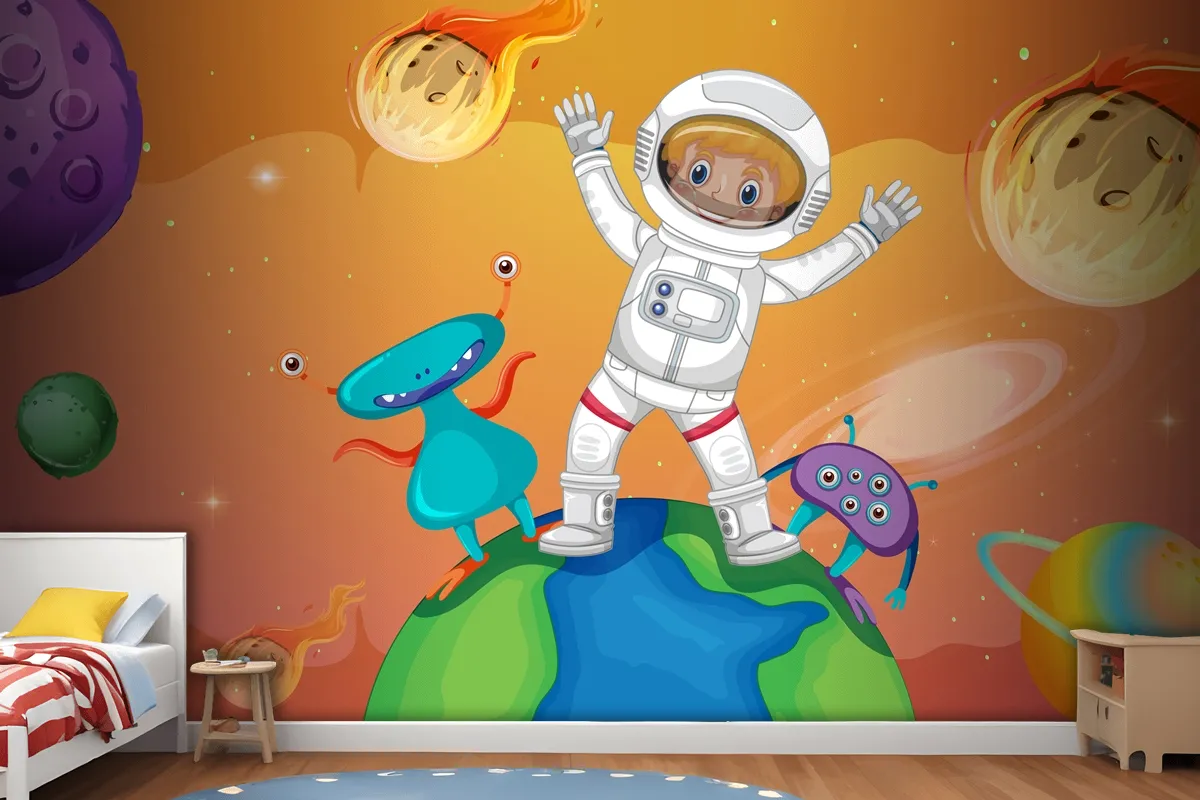 Astronaut Kid With Aliens Standing On The Earth In Space Scene Wallpaper Mural