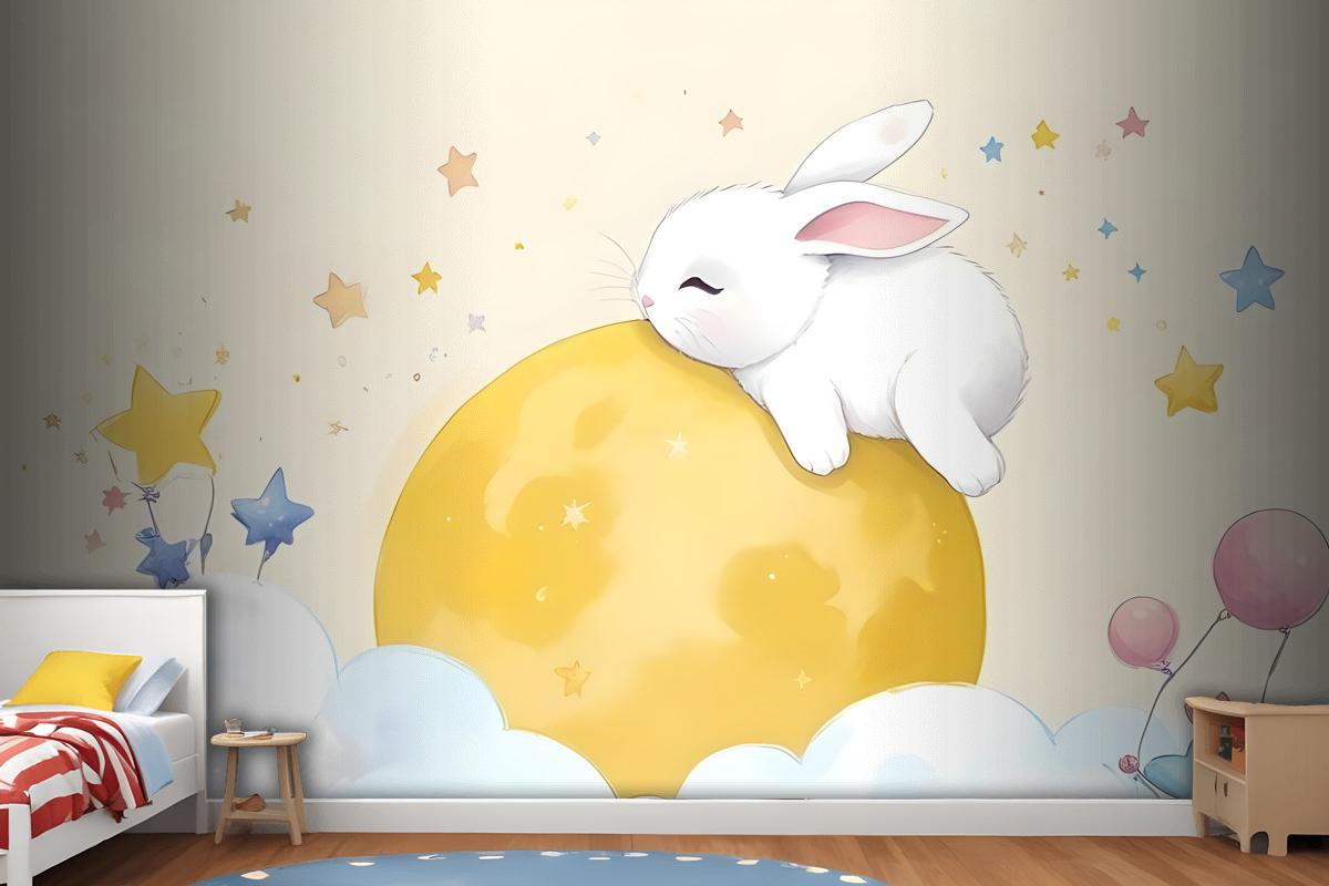 Baby Cartoon Rabbit And Yellow Moon Wallpaper Mural