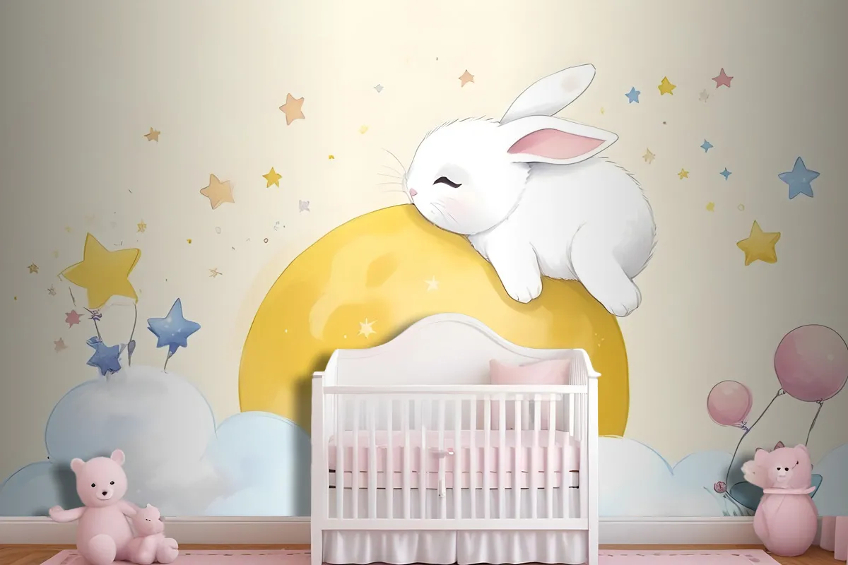 Baby Cartoon Rabbit And Yellow Moon Wallpaper Mural