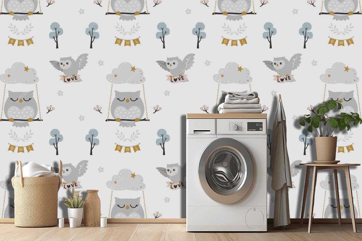 Baby Owl Pattern Wallpaper Mural