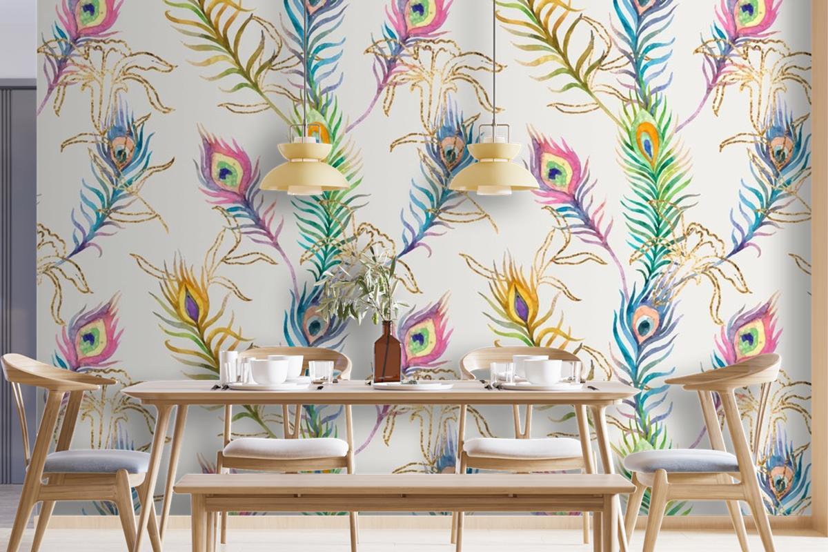 Background Of Peacock Feather Colorful Watercolor Pattern Wallpaper Mural