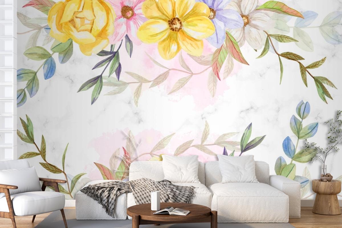 Background Watercolor Flowers In Pastel Colors Wallpaper Mural